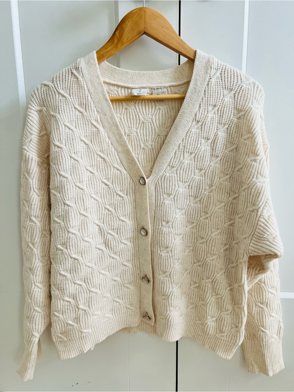 Joie Cream Cable Knit Shimmer Cardigan Sweater Size L Large Metallic V-Neck